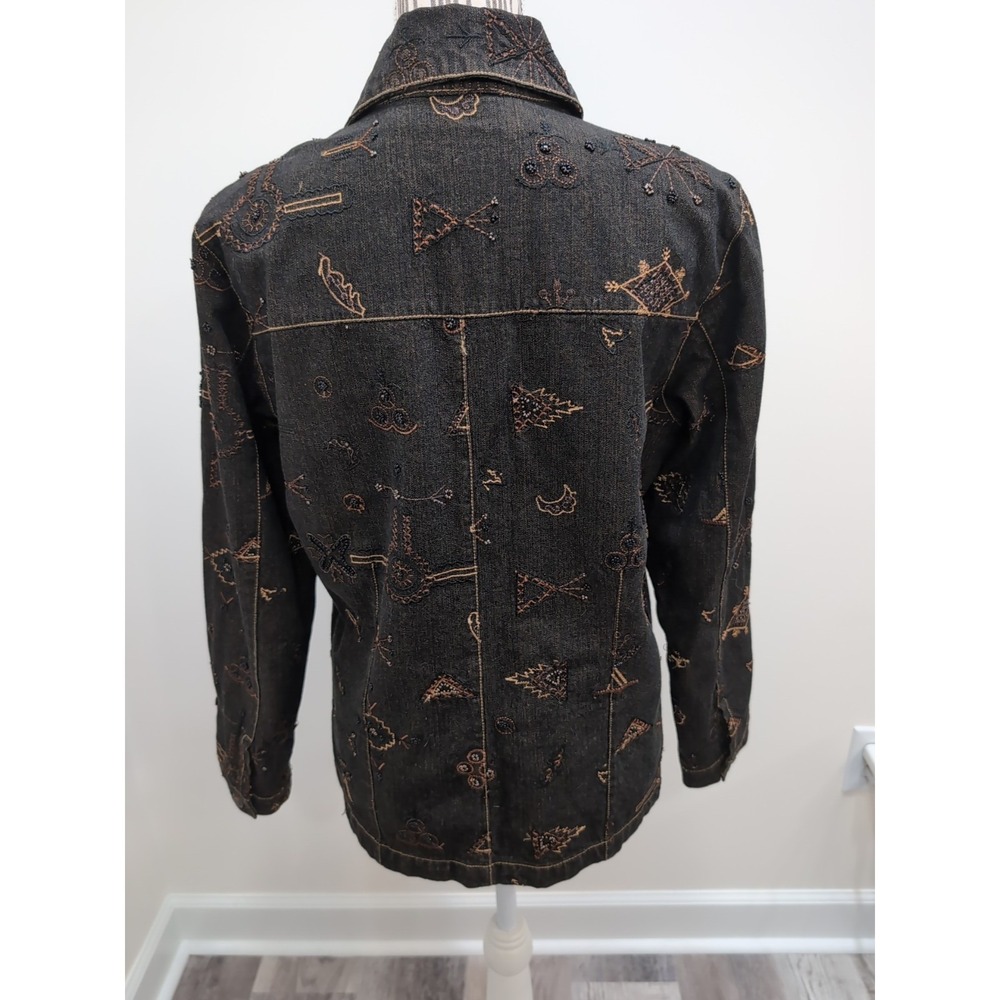 Chicos Jacket Womens 1 Black Embroidered Beaded Denim Southwestern Silk Lined - Picture 6 of 10
